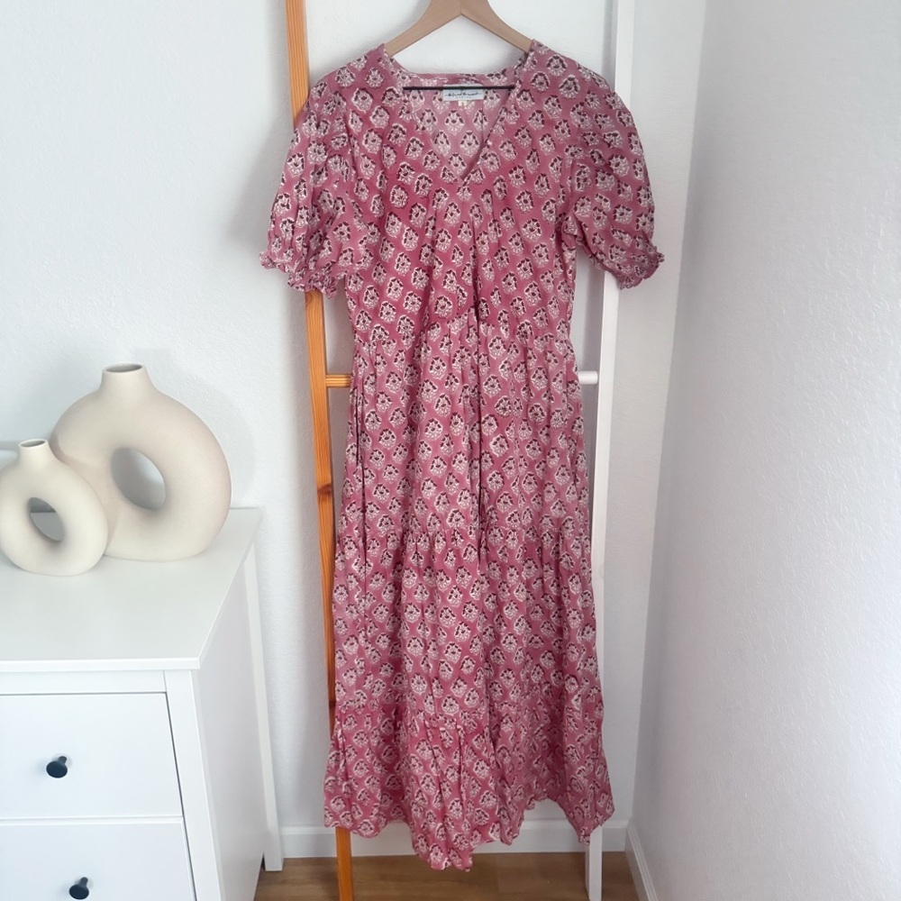 The Fox and the Mermaid Pink Boho Floral Puff Sleeve Midi Dress Size S